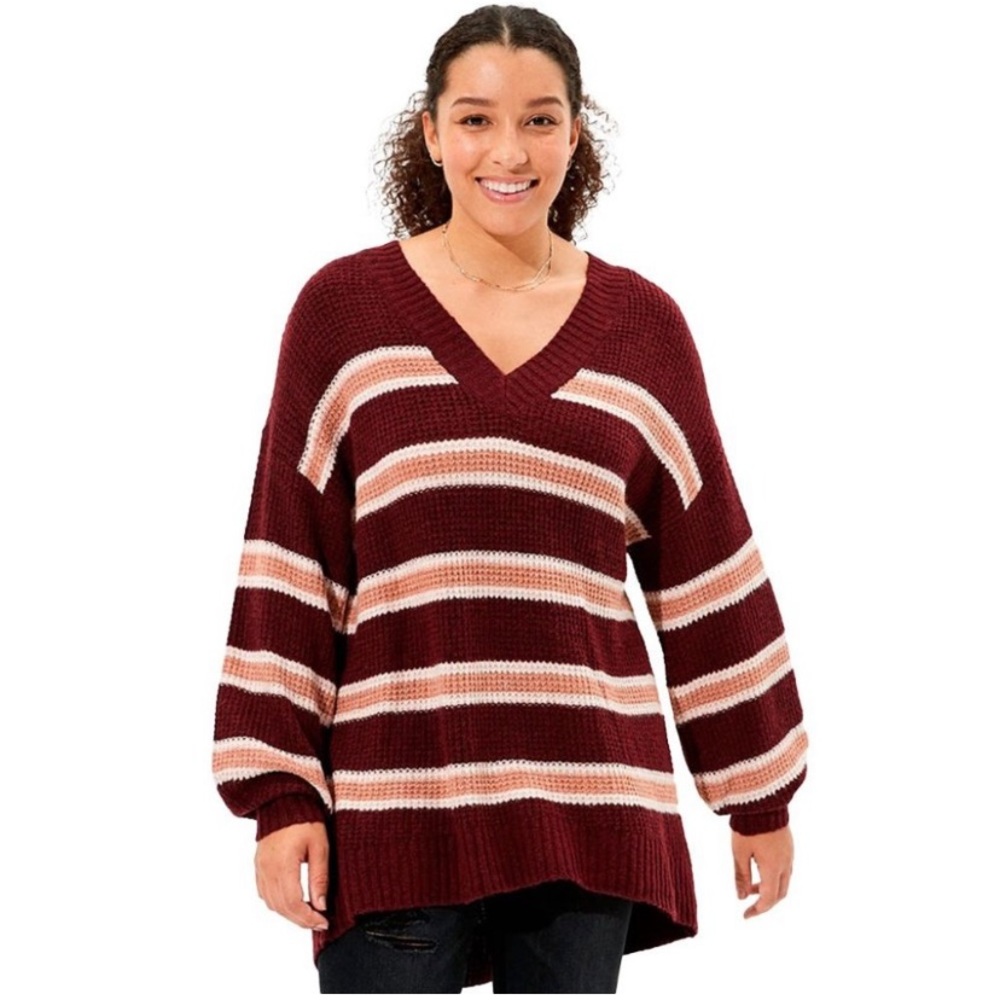 American Eagle | Oversized Dreamspun V-Neck Striped Knit Sweater - Size M
